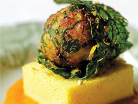 Spinach dumplings with tomato fenugreek sauce