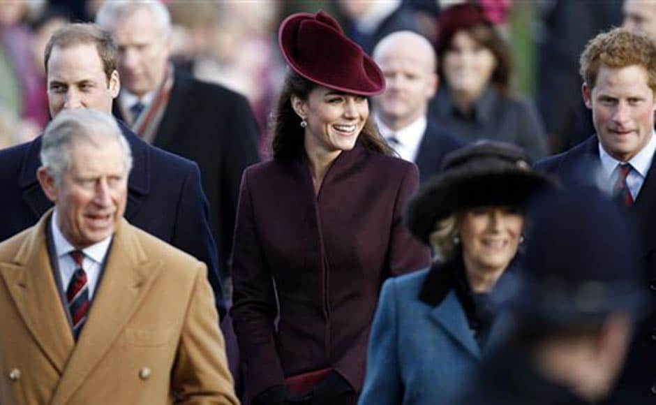 Britain's Prince William, back left, Prince Charles, front left, Kate Duchess of Cambridge, center, Camilla Duchess of Cornwall, foreground right, and Prince Harry, back right, arrive to attend a Christmas Service at St Mary's church on the grounds of Sandringham Estate, the Queen's Norfolk retreat, England. AP Britain's Prince William, back left, Prince Charles, front left, Kate Duchess of Cambridge, center, Camilla Duchess of Cornwall, foreground right, and Prince Harry, back right, arrive to attend a Christmas Service at St Mary's church on the grounds of Sandringham Estate, the Queen's Norfolk retreat, England. AP