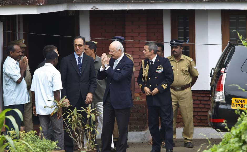 Italian Foreign Ministry Undersecretary Staffan De Mistura, center, greets Indian policemen in plain clothes after meeting two Italian marines of Italian cargo vessel, the Enrica Lexie, who are kept in police custody for allegedly shooting two Indian fishermen to death, in Kochi. AP Italian Foreign Ministry Undersecretary Staffan De Mistura, center, greets Indian policemen in plain clothes after meeting two Italian marines of Italian cargo vessel, the Enrica Lexie, who are kept in police custody for allegedly shooting two Indian fishermen to death, in Kochi. AP