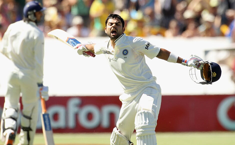 Virat Kohli celebrates his century during day three of the Fourth Test Match between Australia and India at Adelaide Oval. This was his first test century. Getty Images Virat Kohli celebrates his century during day three of the Fourth Test Match between Australia and India at Adelaide Oval. This was his first test century. Getty Images