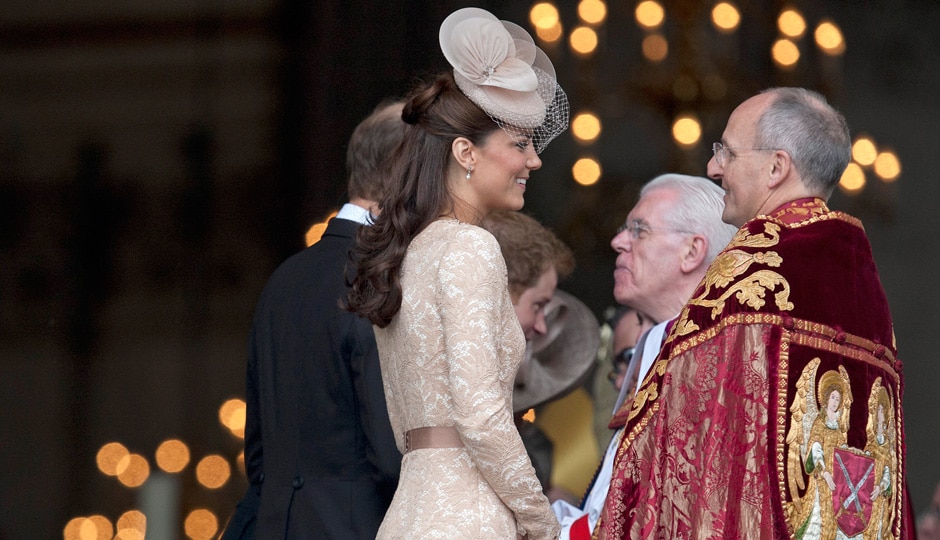 Kate, Duchess of Cambridge talks to religious leaders as she arrives at St Paul's Cathedral for a national service of thanksgiving for the Britain's Queen Elizabeth II and her Queen's Diamond Jubilee in London. AP Kate, Duchess of Cambridge talks to religious leaders as she arrives at St Paul's Cathedral for a national service of thanksgiving for the Britain's Queen Elizabeth II and her Queen's Diamond Jubilee in London. AP
