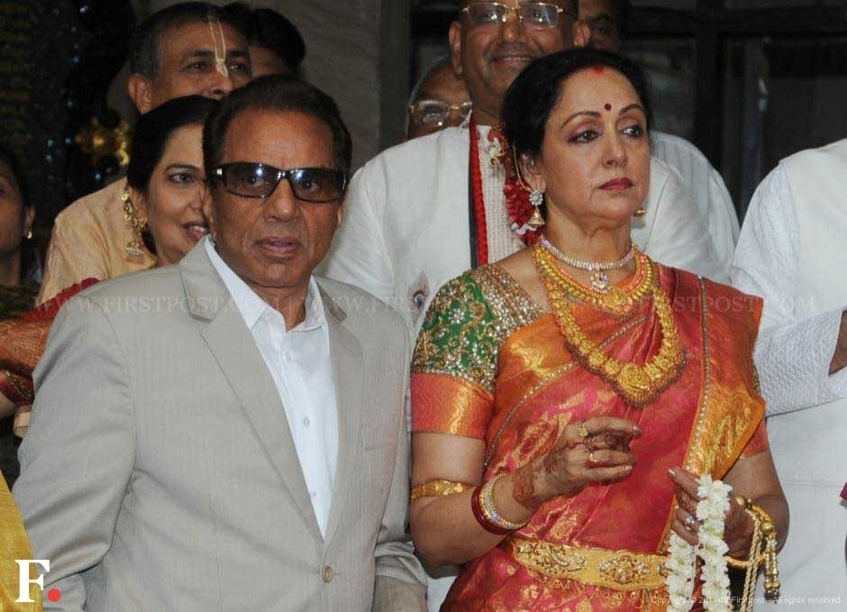 Proud parents of the bride, Dharmendra and Hema Malini. Raju Shelar/Firstpost Proud parents of the bride, Dharmendra and Hema Malini. Raju Shelar/Firstpost