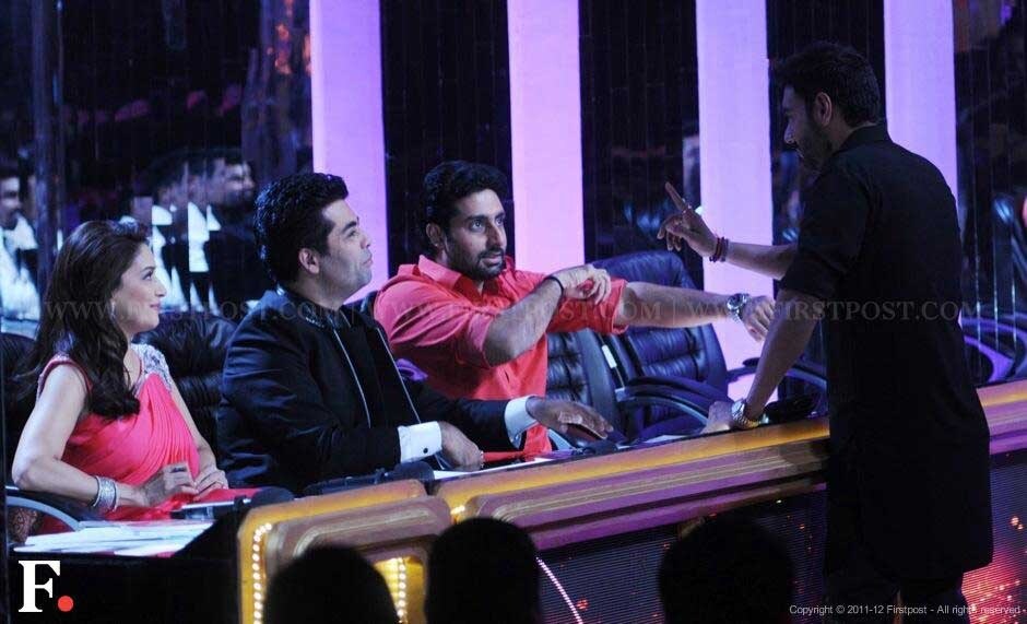 Abhishek Bachchan and Ajay Devgn with the judges of Jhalak Dikhla Jaa Madhuri Dixit and Karan Johar. Raju Shelar/Firstpost Abhishek Bachchan and Ajay Devgn with the judges of Jhalak Dikhla Jaa Madhuri Dixit and Karan Johar. Raju Shelar/Firstpost