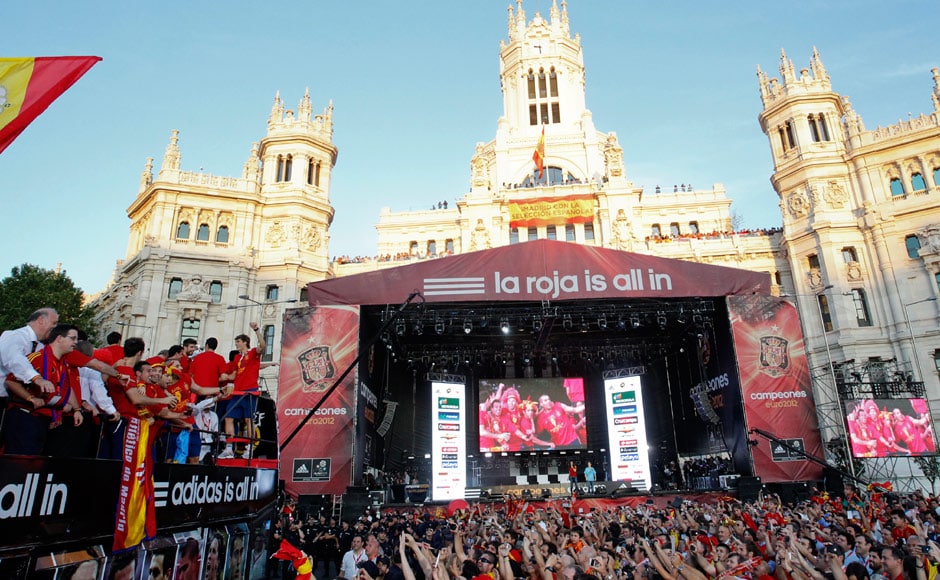 This was Spain's third open bus parade in four trophy laden years— Euro 2008, World Cup 2010 and Euro 2012. Reuters This was Spain's third open bus parade in four trophy laden years— Euro 2008, World Cup 2010 and Euro 2012. Reuters