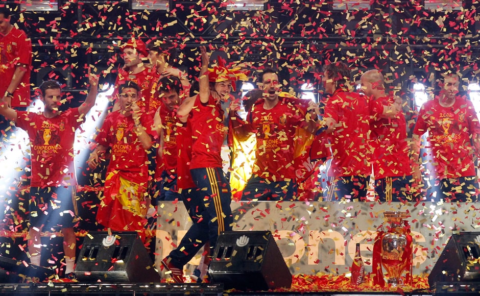 Spanish players seen in a sea of confetti as celebrations reached fever pitch. Reuters Spanish players seen in a sea of confetti as celebrations reached fever pitch. Reuters
