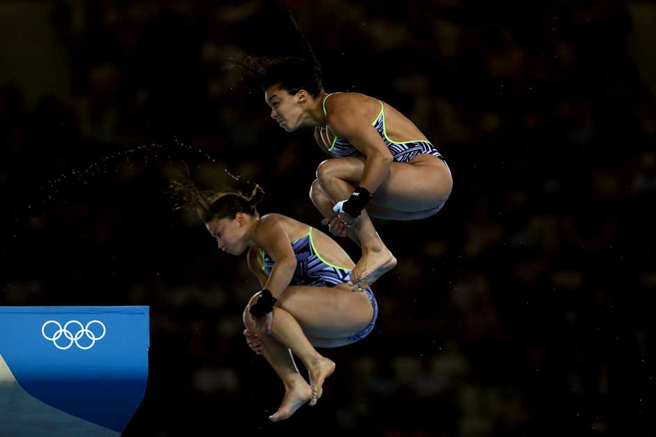 Bracing for impact? Roseline Filion and Meaghan Benfeito of Canada compete in the Women's Synchronised 10m Platform Diving. Getty Images Bracing for impact? Roseline Filion and Meaghan Benfeito of Canada compete in the Women's Synchronised 10m Platform Diving. Getty Images
