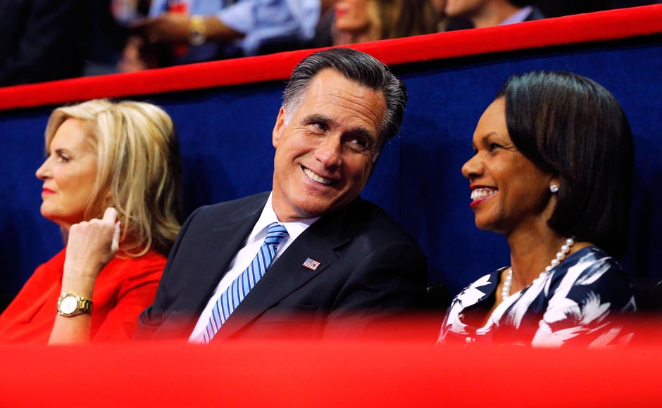 Republican presidential nominee Mitt Romney smiles as he talks with fomer US Secretary of State Condoleezza Rice (R) as they listen with his wife Ann Romney. Brian Snyder/Reuters Republican presidential nominee Mitt Romney smiles as he talks with fomer US Secretary of State Condoleezza Rice (R) as they listen with his wife Ann Romney. Brian Snyder/Reuters