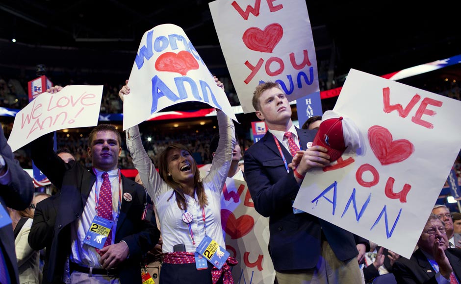 People cheer for Ann Romney, wife of Republican presidential candidate, former Massachusetts Gov. Mitt Romney as she delivers a speech at the Republican National Convention. Evan Vucci/AP People cheer for Ann Romney, wife of Republican presidential candidate, former Massachusetts Gov. Mitt Romney as she delivers a speech at the Republican National Convention. Evan Vucci/AP