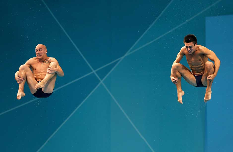 Spinning in mid-air: Maybe even you would look like this while somersaulting in mid-air. Nicholas Robinson-Baker and Chris Mears of Great Britain compete in the Men's Synchronised 3m Springboard final. Getty Images Spinning in mid-air: Maybe even you would look like this while somersaulting in mid-air. Nicholas Robinson-Baker and Chris Mears of Great Britain compete in the Men's Synchronised 3m Springboard final. Getty Images