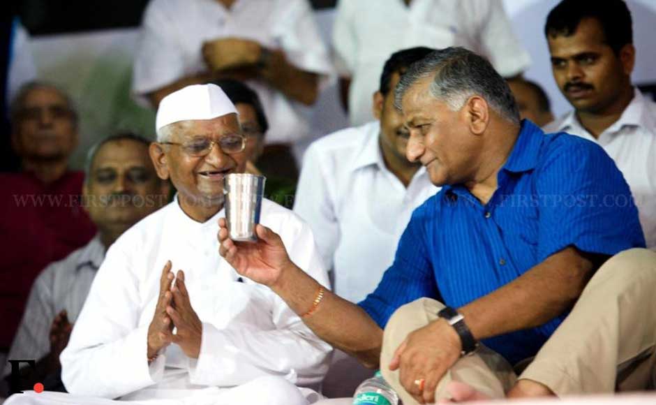 General VK Singh offers a glass of water to Anna Hazare to end his fast. Naresh Sharma/Firstpost General VK Singh offers a glass of water to Anna Hazare to end his fast. Naresh Sharma/Firstpost