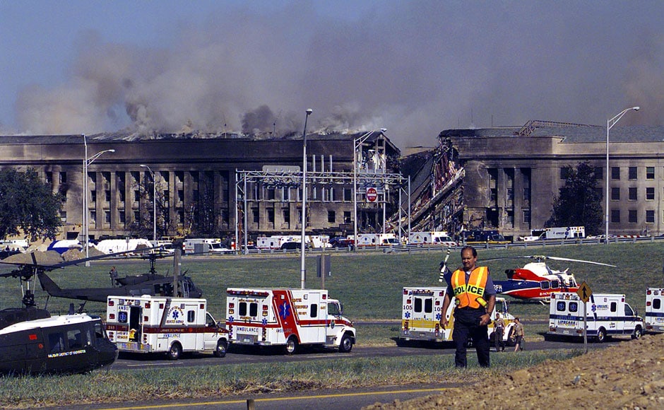 <br />Smoke and flames rise over the Pentagon at about 10am EST on 11 September 2001 following a suspected terrorist crash of a hijacked commercial airliner into the south side of the Pentagon in Arlington. US Navy/Getty Images <br />Smoke and flames rise over the Pentagon at about 10am EST on 11 September 2001 following a suspected terrorist crash of a hijacked commercial airliner into the south side of the Pentagon in Arlington. US Navy/Getty Images
