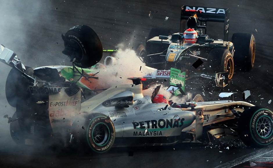 In the Abu Dhabi GP in 2010, Schumacher was part of a crash which included Force India's Italian driver Vitantonio Liuzzi. AFP In the Abu Dhabi GP in 2010, Schumacher was part of a crash which included Force India's Italian driver Vitantonio Liuzzi. AFP