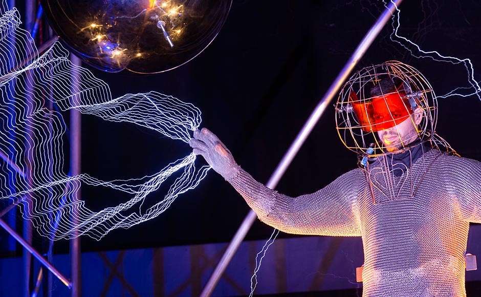 Millions of volts of electric currents streamed through Blaine's fingertips via tesla coils during his 72-hour "Electrified: 1 Million Volts Always On" stunt in New York. John Minchillo/AP Millions of volts of electric currents streamed through Blaine's fingertips via tesla coils during his 72-hour "Electrified: 1 Million Volts Always On" stunt in New York. John Minchillo/AP