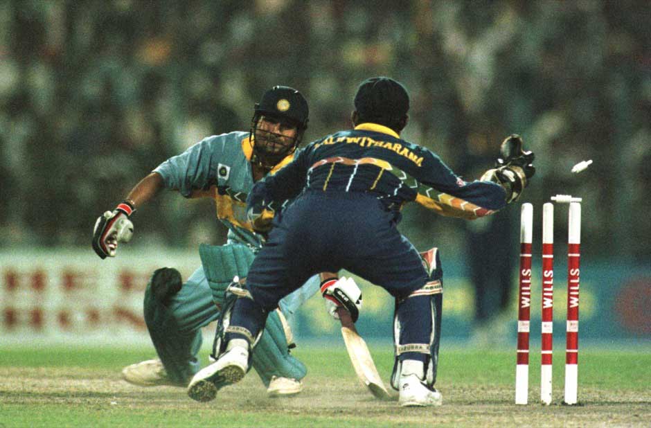 Sachin Tendulkar of India is stumped by Kaluwitharana of Sri Lanka for 65 during the semi-final in the 1996 Cricket World Cup between India and Sri Lanka played at Eden Gardens in Calcutta, India. Ross Kinnaird/ALLSPORT Sachin Tendulkar of India is stumped by Kaluwitharana of Sri Lanka for 65 during the semi-final in the 1996 Cricket World Cup between India and Sri Lanka played at Eden Gardens in Calcutta, India. Ross Kinnaird/ALLSPORT