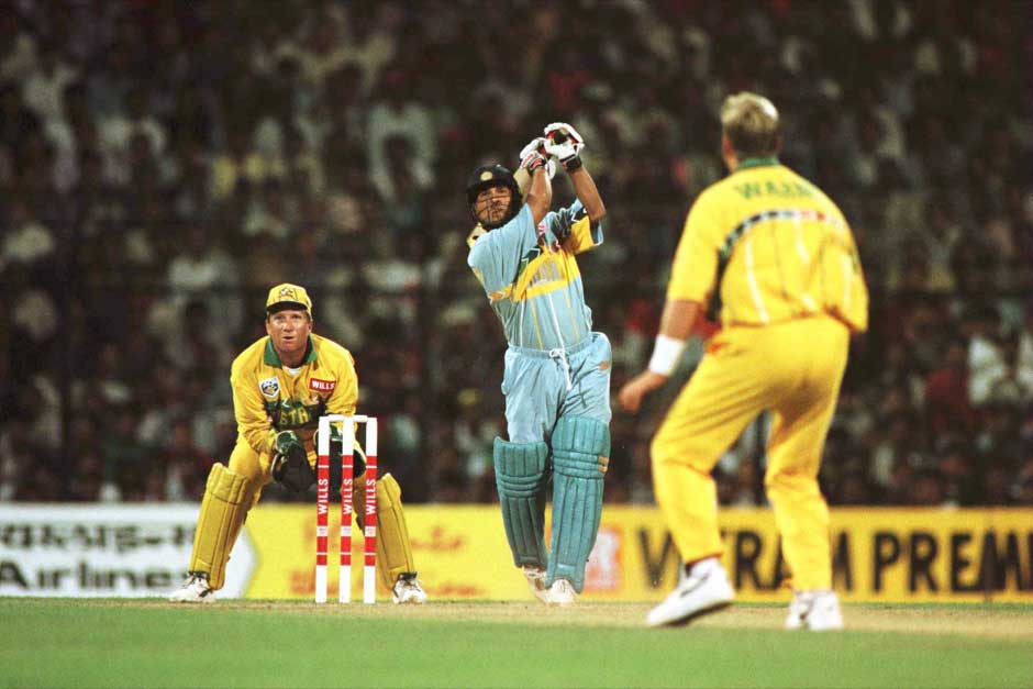 Sachin Tendulkar of India plays a shot off the bowling of Shane Warne of Australia during the Cricket World Cup match between Australia and India in Bombay, India. Shaun Botterill/Allsport Sachin Tendulkar of India plays a shot off the bowling of Shane Warne of Australia during the Cricket World Cup match between Australia and India in Bombay, India. Shaun Botterill/Allsport