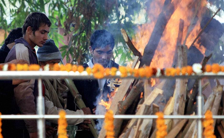 Cremation of police constable Subhash Chand Tomar being performed in New Delhi.PTI Cremation of police constable Subhash Chand Tomar being performed in New Delhi.PTI