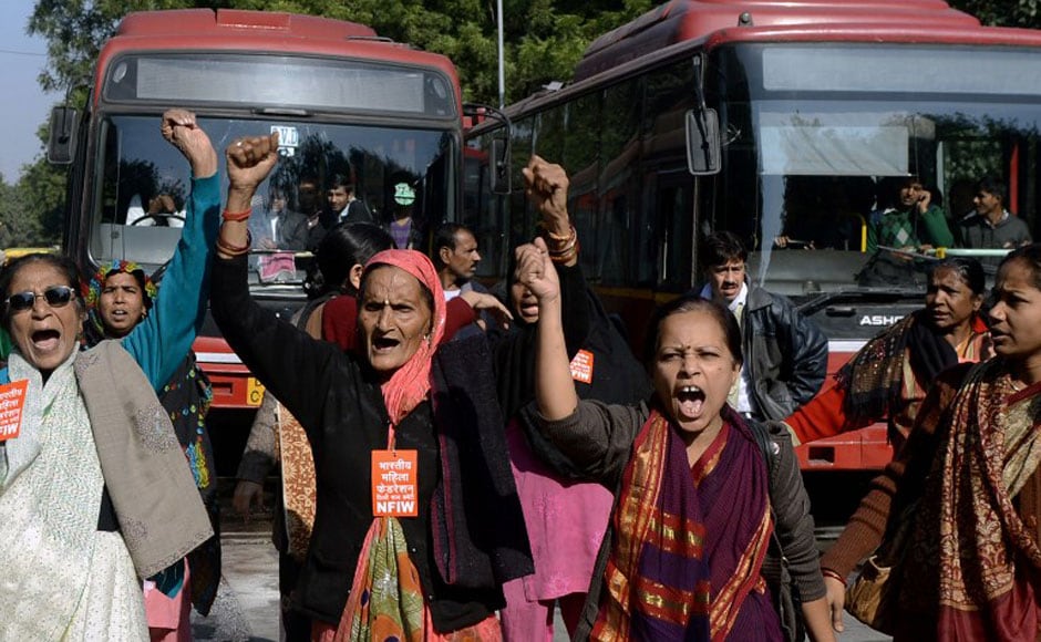 National Federation of Indian Women activists shout slogans during a protest in New Delhi on Tuesday. AFP National Federation of Indian Women activists shout slogans during a protest in New Delhi on Tuesday. AFP