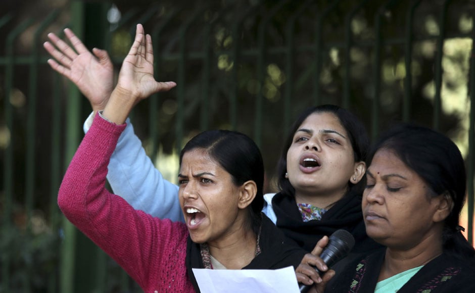 Women activists shout slogans demanding safety for women as they stage a protest in New Delhi on Tuesday. AP Women activists shout slogans demanding safety for women as they stage a protest in New Delhi on Tuesday. AP