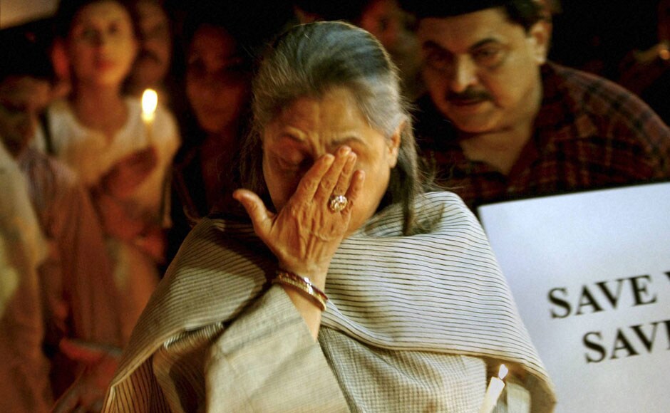 Jaya Bachchan breaks down during the candle light vigil. PTI Jaya Bachchan breaks down during the candle light vigil. PTI