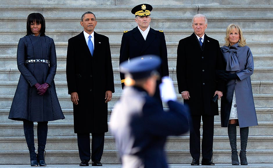President Barack Obama, second from left, accompanied by, from left, first lady Michelle Obama, Army Maj Gen Michael J Linnington, Vice President Joe Biden and Dr Jill Biden watch during the Presidential review of the troops on the east side of the Capitol in Washington. CJ Gunther/AP President Barack Obama, second from left, accompanied by, from left, first lady Michelle Obama, Army Maj Gen Michael J Linnington, Vice President Joe Biden and Dr Jill Biden watch during the Presidential review of the troops on the east side of the Capitol in Washington. CJ Gunther/AP