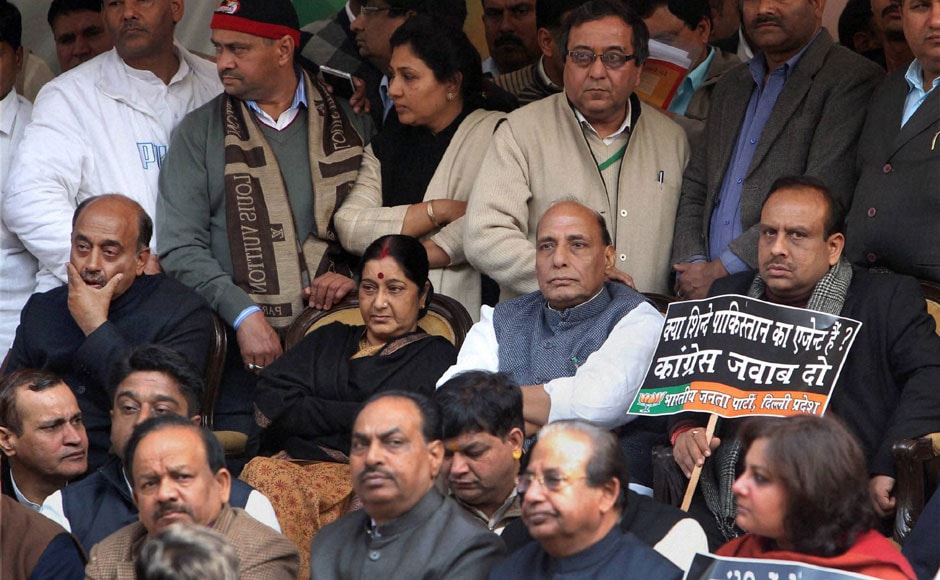 BJP leaders Sushma Swaraj and Rajnath Singh at the venue of the protest against Home Minister Sushilkumar Shinde. PTI BJP leaders Sushma Swaraj and Rajnath Singh at the venue of the protest against Home Minister Sushilkumar Shinde. PTI