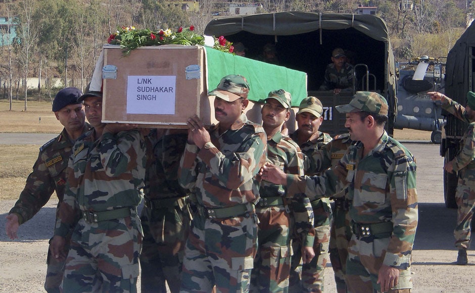 The bodies of the two soldiers who died in the attack was first brought to Rajouri and then to New Delhi. AP The bodies of the two soldiers who died in the attack was first brought to Rajouri and then to New Delhi. AP