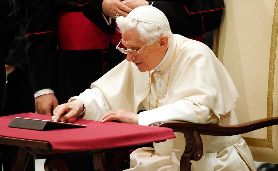 Pope Benedict XVI posts his first tweet using an iPad tablet after his Wednesday general audience in Paul VI's Hall at the Vatican on 12 December, 2012. Giampiero Sposito/Reuters Pope Benedict XVI posts his first tweet using an iPad tablet after his Wednesday general audience in Paul VI's Hall at the Vatican on 12 December, 2012. Giampiero Sposito/Reuters