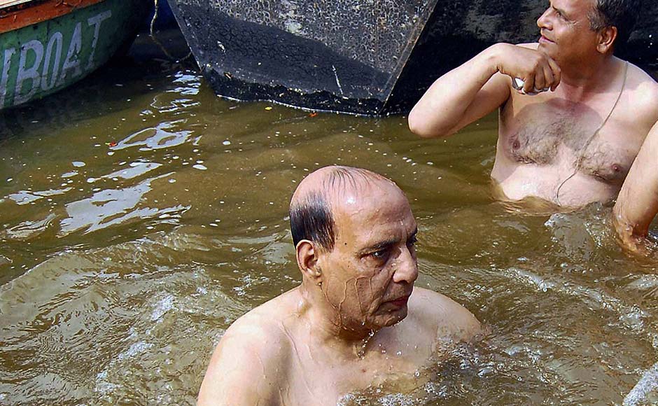 BJP President Rajnath Singh in the water at Sangam during the Maha Kumbh Mela in Allahabad. PTI BJP President Rajnath Singh in the water at Sangam during the Maha Kumbh Mela in Allahabad. PTI