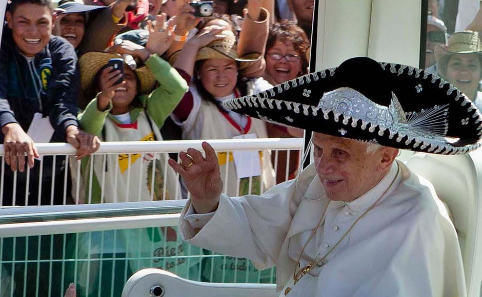 In this March 25, 2012 file photo, Pope Benedict XVI waves from the Pope-mobile wearing a Mexican sombrero as he arrives to give a Mass in Bicentennial Park near Silao, Mexico. Eduardo Verdugo/AP In this March 25, 2012 file photo, Pope Benedict XVI waves from the Pope-mobile wearing a Mexican sombrero as he arrives to give a Mass in Bicentennial Park near Silao, Mexico. Eduardo Verdugo/AP