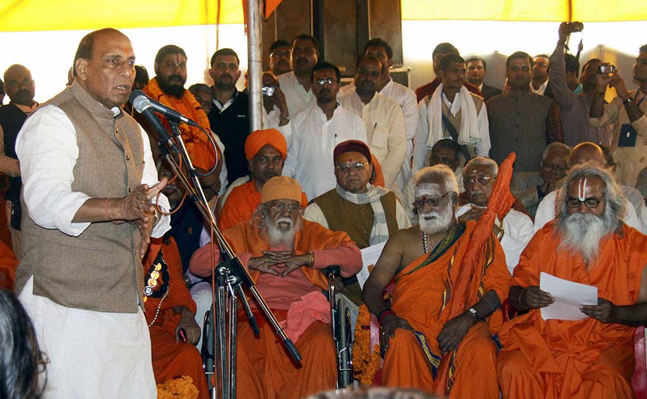 BJP President Rajnath Singh addresses a VHP meeting during a visit to Maha Kumbh Mela in Allahabad. PTI BJP President Rajnath Singh addresses a VHP meeting during a visit to Maha Kumbh Mela in Allahabad. PTI