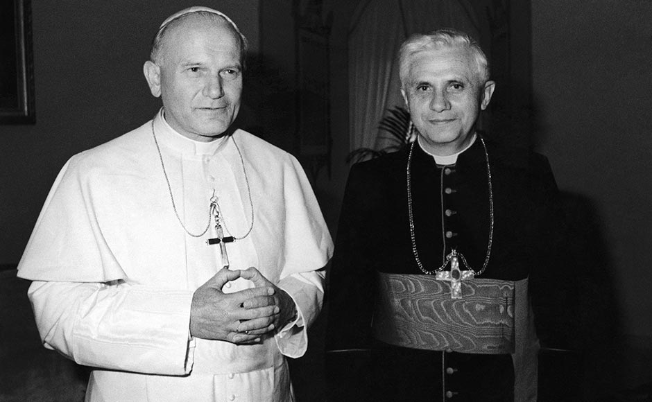 In this 1979 file photo, Pope John Paul II, left, poses with Cardinal Joseph Ratzinger of Munich, who was named on Nov. 25, 1981, Prefect of the Congregation for the Doctrine of the Faith and President of the Pontifical Biblical Commission and of the International Theological Commission, the former Holy Office. Ratzinger was elected Pope, April 19, 2005 and chose Benedict XVI as his papal name. AP In this 1979 file photo, Pope John Paul II, left, poses with Cardinal Joseph Ratzinger of Munich, who was named on Nov. 25, 1981, Prefect of the Congregation for the Doctrine of the Faith and President of the Pontifical Biblical Commission and of the International Theological Commission, the former Holy Office. Ratzinger was elected Pope, April 19, 2005 and chose Benedict XVI as his papal name. AP