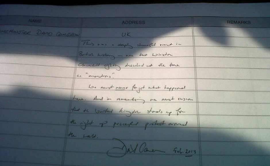 David Cameron's entry in the visitor's book at the Jallianwala Bagh. Image courtesy: @AndrewBuncombe via Twitter David Cameron's entry in the visitor's book at the Jallianwala Bagh. Image courtesy: @AndrewBuncombe via Twitter