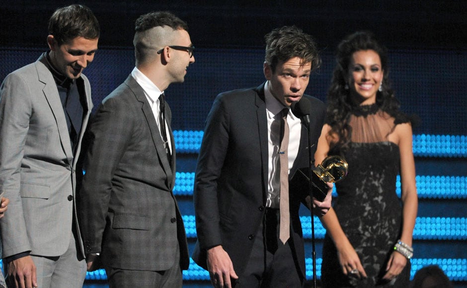 Fun. accept the award for song of the year for We Are Young. AP Fun. accept the award for song of the year for We Are Young. AP