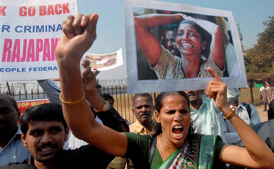 Tamilians protest against Sri Lanka President Rajapaksa's visit to India, at Azad Maidan in Mumbai. PTI Tamilians protest against Sri Lanka President Rajapaksa's visit to India, at Azad Maidan in Mumbai. PTI