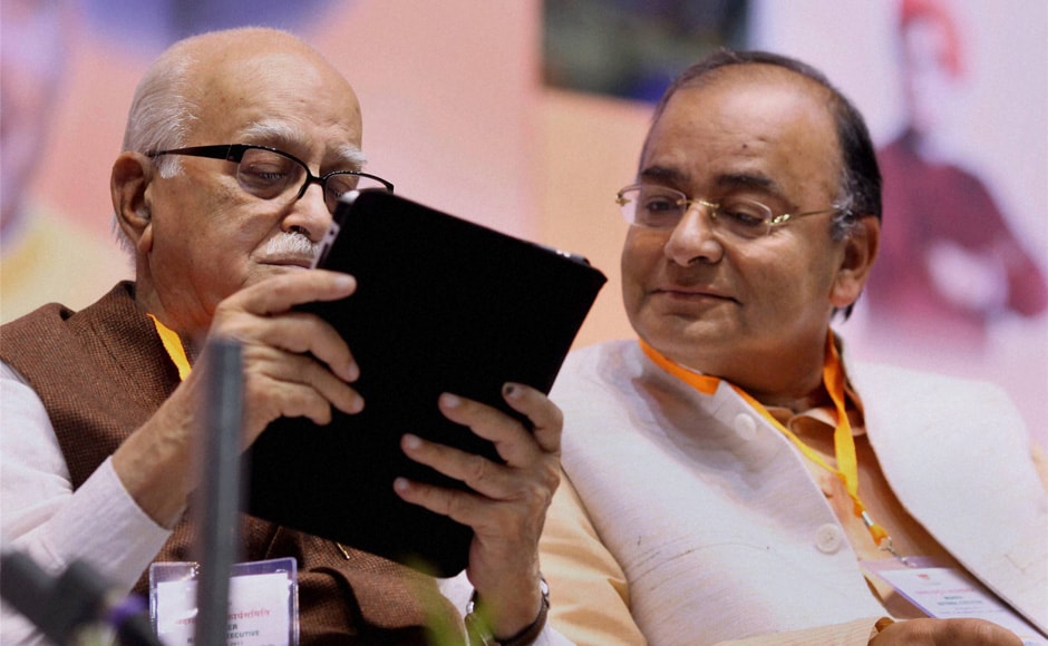 Senior BJP leader L K Advani and Arun Jaitley during the last day of the Party National Council Meetinng in New Delhi on Sunday. PTI Senior BJP leader L K Advani and Arun Jaitley during the last day of the Party National Council Meetinng in New Delhi on Sunday. PTI