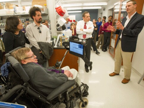 Stephen Hawking visits LA lab working on cure to disease which paralysed him