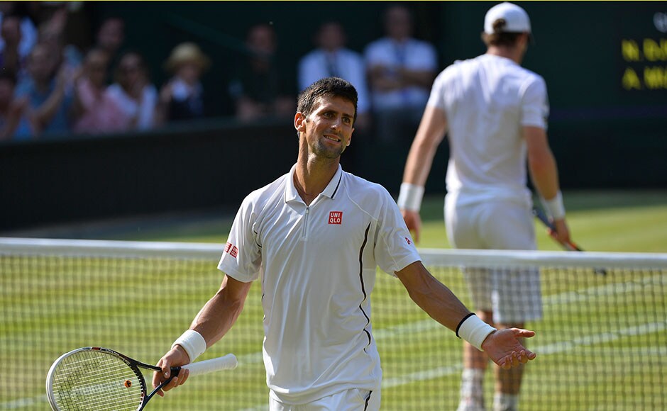 Novak Djokovic reacts in his men's singles final against Andy Murray of Britain at the Wimbledon Tennis Championships. For Djokovic, nothing seemed to be going his way during match. Toby Melville/Reuters Novak Djokovic reacts in his men's singles final against Andy Murray of Britain at the Wimbledon Tennis Championships. For Djokovic, nothing seemed to be going his way during match. Toby Melville/Reuters