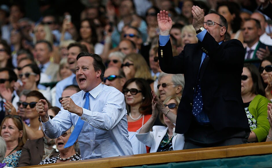 British Prime Minister David Cameron, front left, and Scottish First Minister Alex Salmond, front right, react as Andy Murray plays Novak Djokovic during the Men's singles final at Wimbledon. Anja Niedringhaus/Associated Press British Prime Minister David Cameron, front left, and Scottish First Minister Alex Salmond, front right, react as Andy Murray plays Novak Djokovic during the Men's singles final at Wimbledon. Anja Niedringhaus/Associated Press