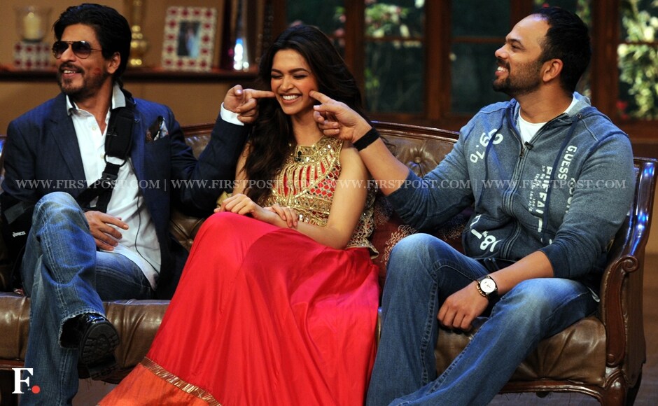 It's the clash of dimples! Chennai Express director Rohit Shetty and Shah Rukh Khan, who is still recovering from his surgery, do their bit for Deepika Padukone's dimples. Sachin Gokhale/Firstpost It's the clash of dimples! Chennai Express director Rohit Shetty and Shah Rukh Khan, who is still recovering from his surgery, do their bit for Deepika Padukone's dimples. Sachin Gokhale/Firstpost