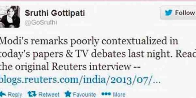 Modi's 'puppy' comment poorly contextualised, tweets Reuters journalist Modi's 'puppy' comment poorly contextualised, tweets Reuters journalist