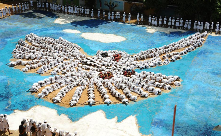 Picture showing a dove created by 1500 children in Chennai. Firstpost Picture showing a dove created by 1500 children in Chennai. Firstpost