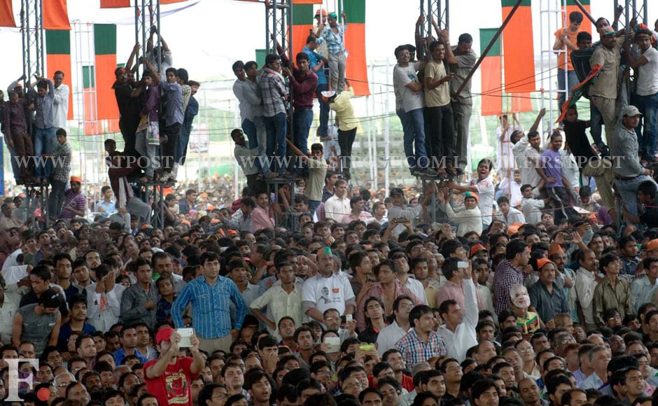 Modi's rally drew a massive crowd whose cheers had to be stopped by Modi several times during his speech. Naresh Sharma/Firstpost. Modi's rally drew a massive crowd whose cheers had to be stopped by Modi several times during his speech. Naresh Sharma/Firstpost.