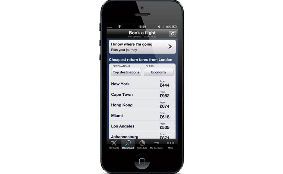 The British Airways app available for BlackBerry, Android, iPhone and Windows phones, you can book a ticket, get a mobile boarding pass, get a arrival and departure information by SMS and a lot more. The British Airways app available for BlackBerry, Android, iPhone and Windows phones, you can book a ticket, get a mobile boarding pass, get a arrival and departure information by SMS and a lot more.