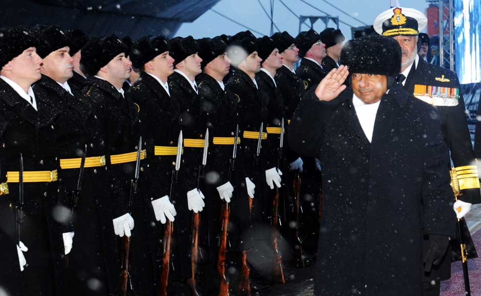 <br />Defence Minister AK Antony receives a Guard of Honour by the Russian Navy guards, on his arrival to attend the commissioning of INS Vikramaditya in Indian Navy, at Sevmash Shipyard in Russia on 16 November 2013. Image courtesy PIB <br />Defence Minister AK Antony receives a Guard of Honour by the Russian Navy guards, on his arrival to attend the commissioning of INS Vikramaditya in Indian Navy, at Sevmash Shipyard in Russia on 16 November 2013. Image courtesy PIB