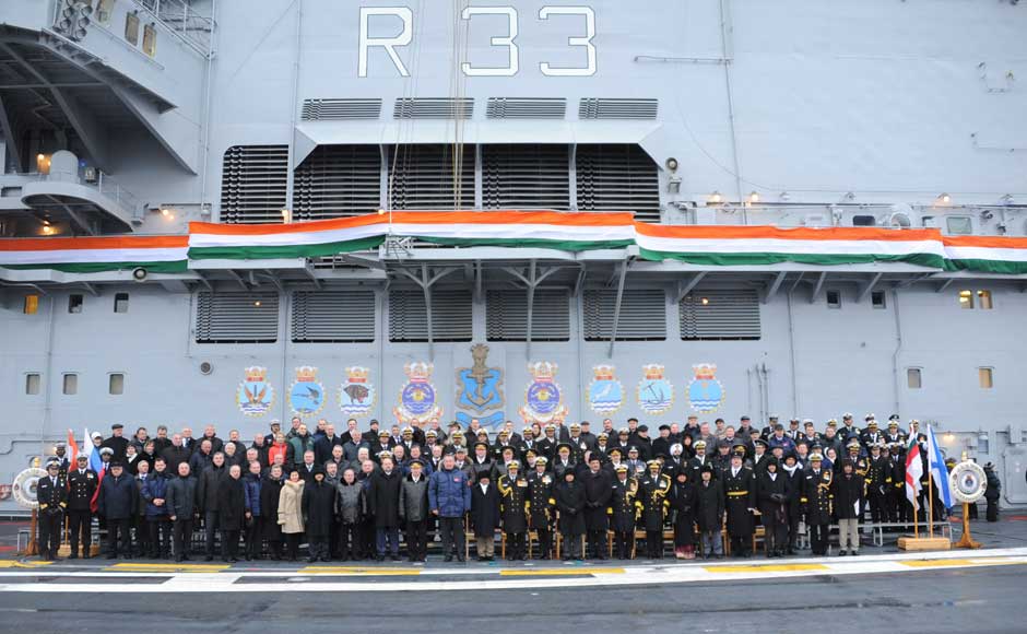 A group photo of all dignitaries of India and Russia on board INS Vikramaditya, at Sevmash Shipyard in Russia on 16 November 2013. Image courtesy PIB A group photo of all dignitaries of India and Russia on board INS Vikramaditya, at Sevmash Shipyard in Russia on 16 November 2013. Image courtesy PIB