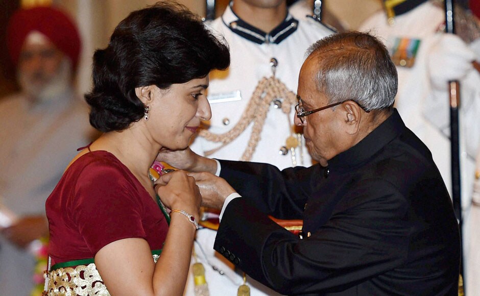 President Pranab Mukherjee presents Padma Shri to cricketer Anjum Chopra. PTI President Pranab Mukherjee presents Padma Shri to cricketer Anjum Chopra. PTI