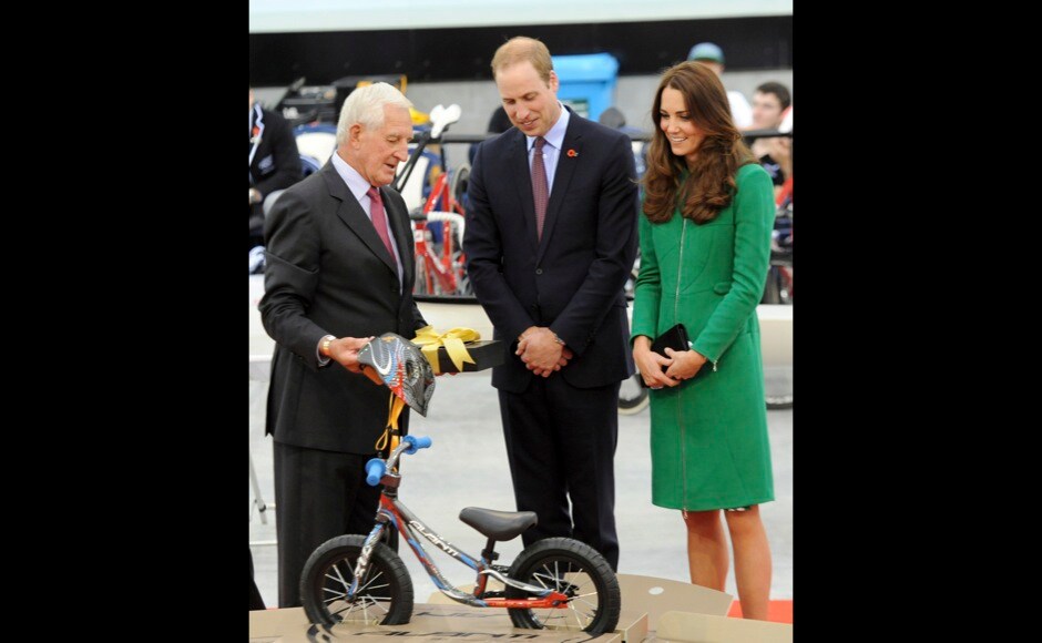 Britain's Prince William and Catherine, Duchess of Cambridge, admire the tiny racing bike meant for their son, Prince George, at the opening of the Avantidrome indoor cycle track, Cambridge, New Zealand, Saturday, April 12, 2014. AP Photo Britain's Prince William and Catherine, Duchess of Cambridge, admire the tiny racing bike meant for their son, Prince George, at the opening of the Avantidrome indoor cycle track, Cambridge, New Zealand, Saturday, April 12, 2014. AP Photo