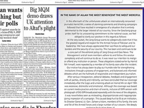 Geo TV, Jang group apologise to ISI, says 'coverage was distressful' Geo TV, Jang group apologise to ISI, says 'coverage was distressful'