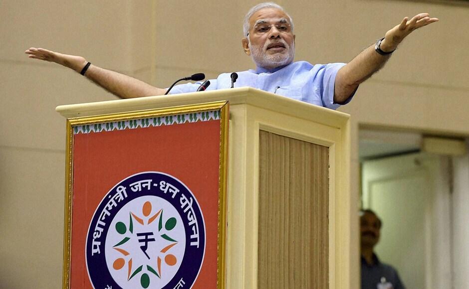 New Delhi: Prime Minister Narendra Modi addresses at the launch of the Pradhan Mantri Jan Dhan Yojana in New Delhi. PTI New Delhi: Prime Minister Narendra Modi addresses at the launch of the Pradhan Mantri Jan Dhan Yojana in New Delhi. PTI