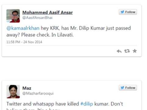 Dilip Kumar not dead, is completely fine, tweets Amitabh Bachchan Dilip Kumar not dead, is completely fine, tweets Amitabh Bachchan